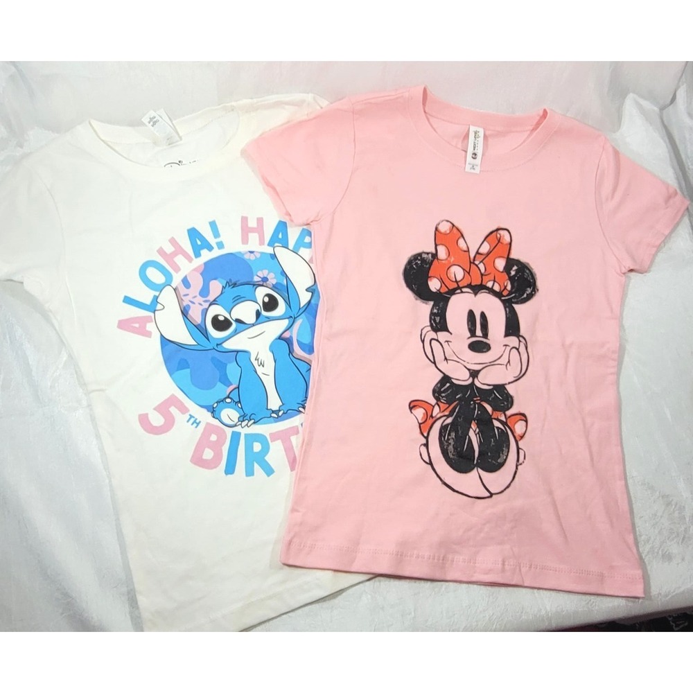 2 Disney Girl's Short Sleeve T-Shirts:‎ Minnie Mouse & Stitch 5th Birthday M 7/8